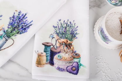 Decorative towel with lavender design on a marble surface