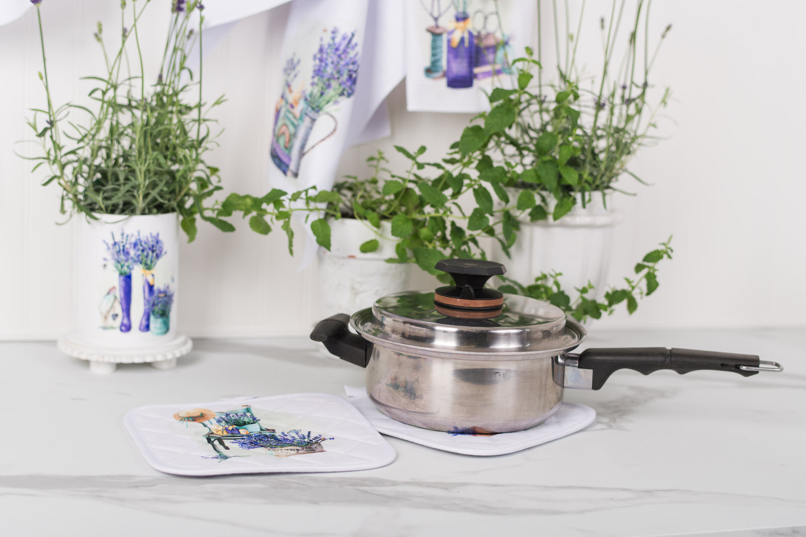 Stainless steel pot with black handle on a white surface, surrounded by potted plants and decorative items.