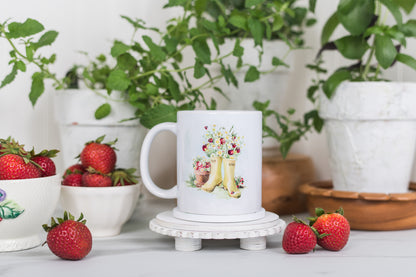 Watercolour strawberry coffee mug on a cozy breakfast table.