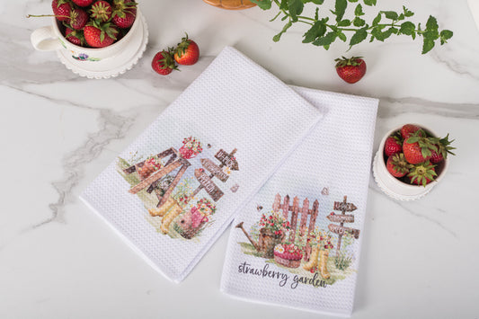 Watercolour strawberry tea towel in a cottage-style summer kitchen.