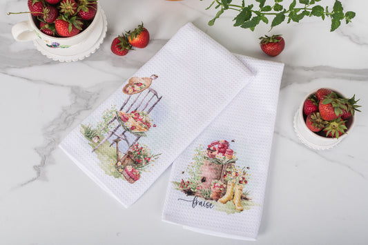 Watercolour strawberry tea towel in a cottage-style summer kitchen.